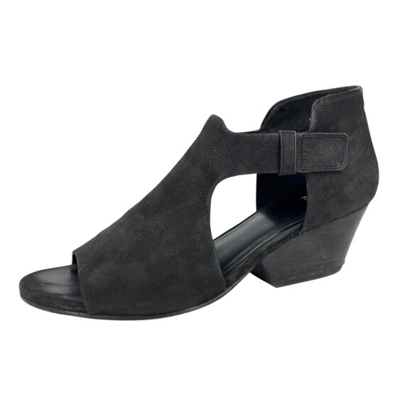 Eileen Fisher Iris Black Tumbled Nubuck Leather Stacked Heeled Sandal Size 9 - Picture 1 of 11